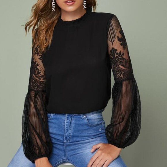 Black sheer sleeve lace long sleeve Top Classic - Picture 8 of 11